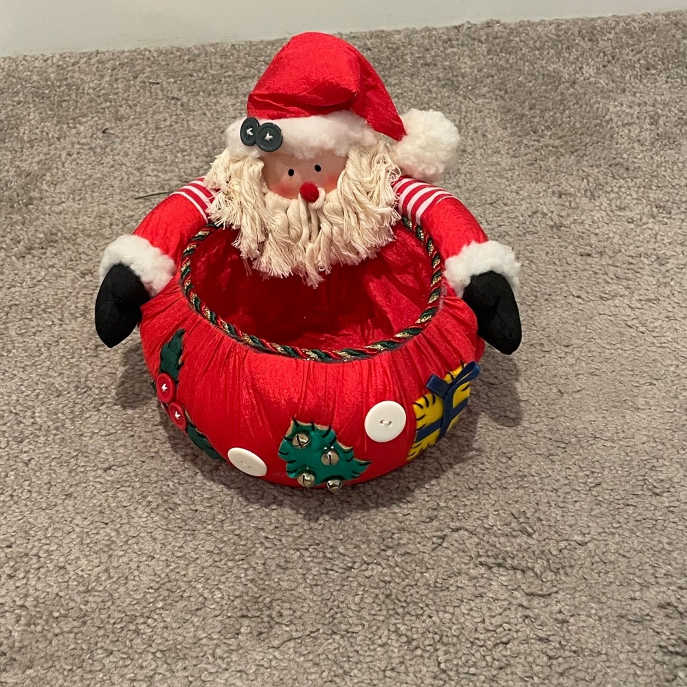 Vintage Santa Christmas‎ Holiday Decorative Fabric Basket Candy Bowl Tabletop